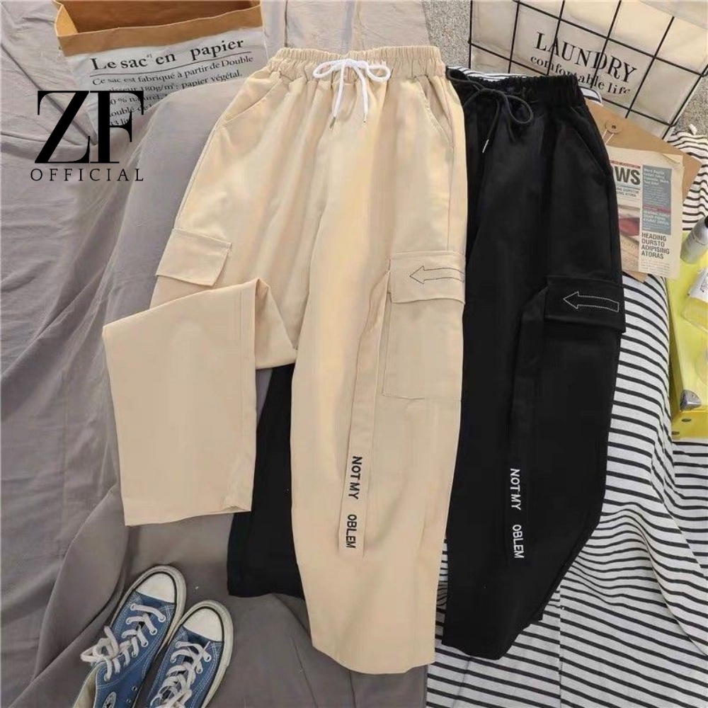Celana Panjang Wanita Yungi Pants Korea Style Bahan American Dril Mix Bordir