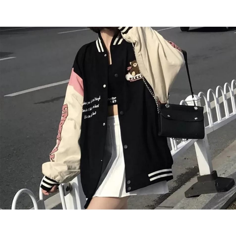 Takkep Bear Baseball Varsity Jacket Premium Fleece Tebal Fit L Outerwear Sweater Remaja Wanita Korean Style | Sweater Wanita Berkancing Desain Terbaru Classic Fashion Terkini