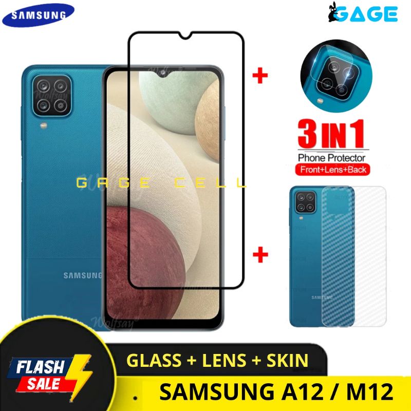 PROMO 3IN1 TEMPERED GLASS LAYAR KAMERA SKIN CARBON SAMSUNG GALAXY A12 M12 TG ANTI GORES FULL SCREEN