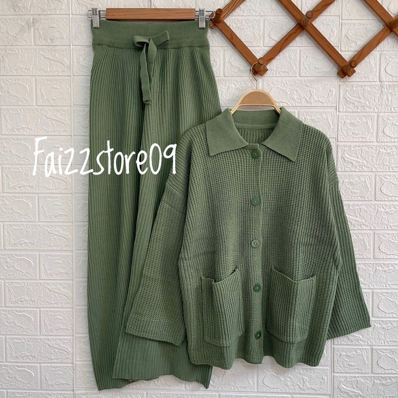 One set Stelan Celana Kulot Wanita / Keyra Oversize Cardigan Rajut Kancing Wanita
