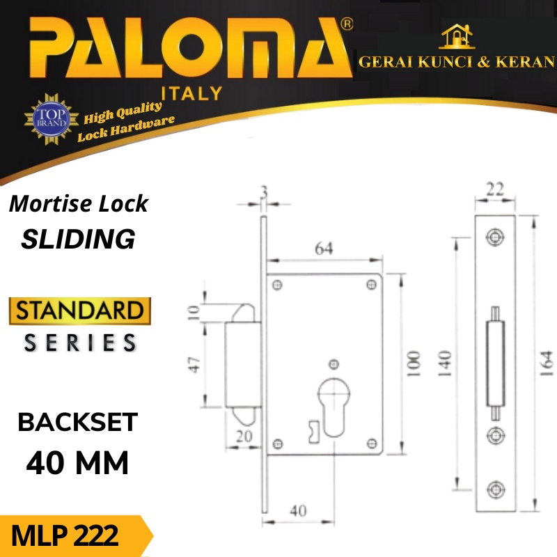 BODY KUNCI PALOMA MLP 222 SLIDING STANDARD 40MM  GARANSI 5 TAHUN