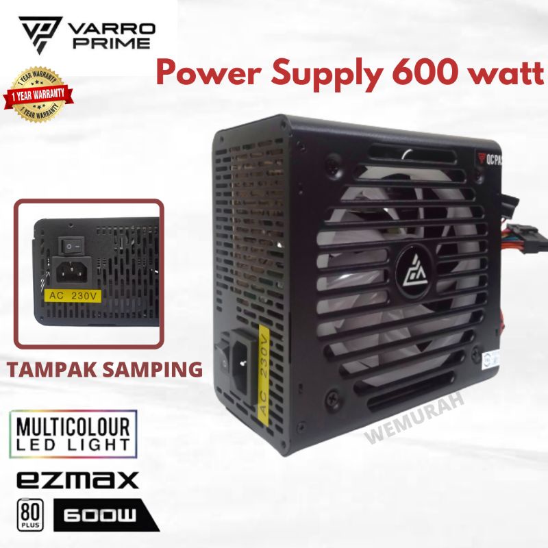 PowerSupply 600Watt 80+ RGB - Led Light PSU - Power Supply Gaming