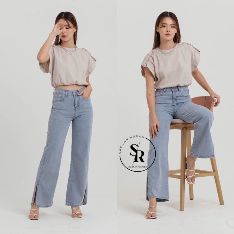 Highwaist Kulot Jeans wanita Belah - Saerah Fashion