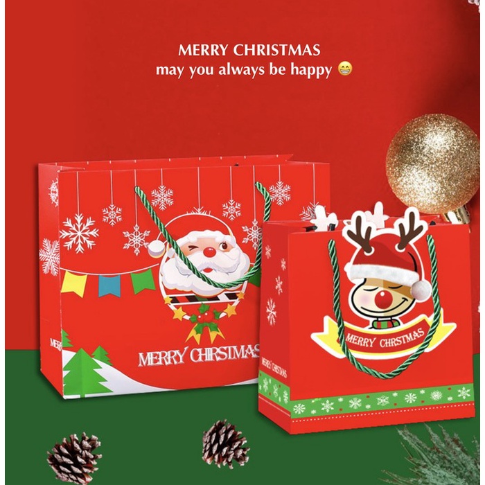 

Tas kantong hadiah natal merah , kantong tema natal , paper bag x'mas