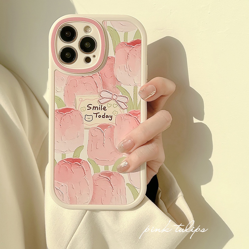 IPHONE Wanita Bunga Tulip Pink Perlindungan Penuh Soft Phone Case Untuk Iphone7 8 PLUS X XR XS 11 12 13 14 MINI PRO MAX SE 2020 Sarung Anti Jatuh