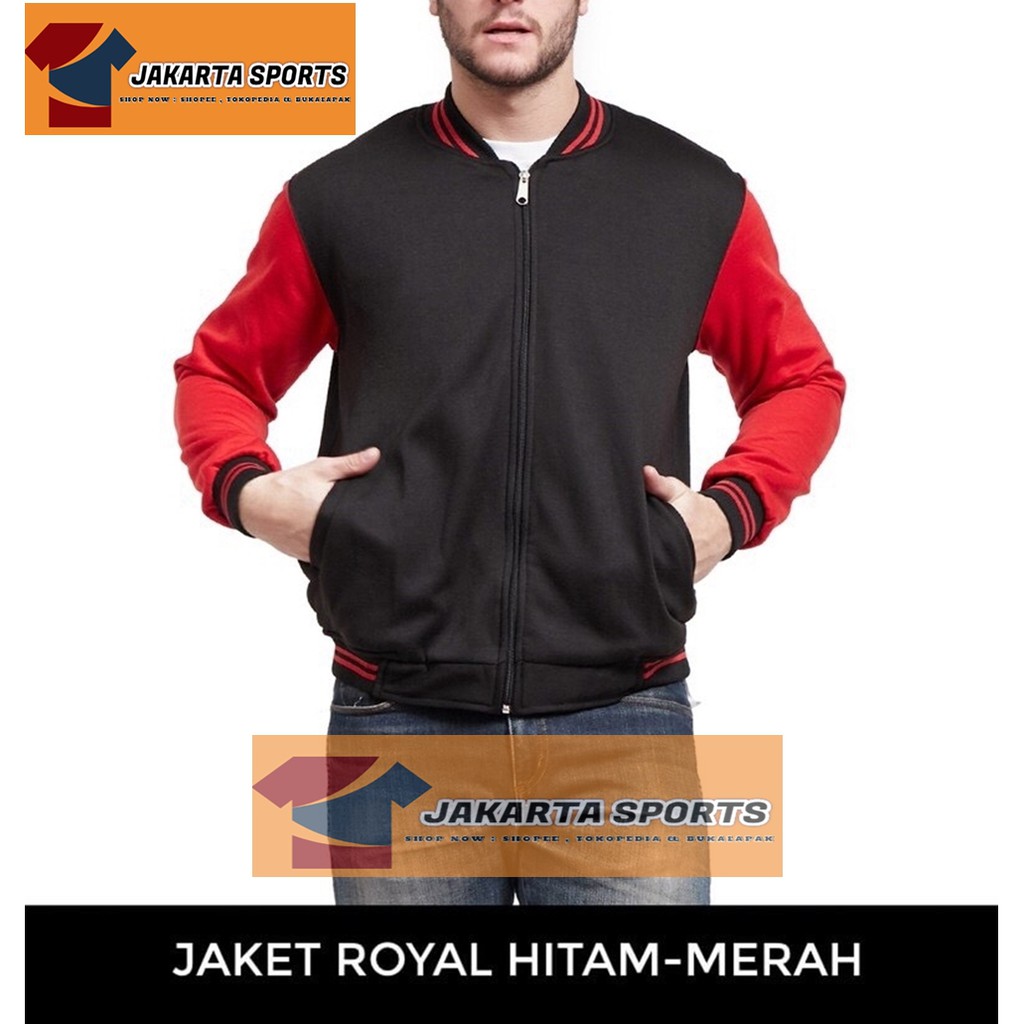 JAKET ROYAL POLOS HITAM LENGAN MERAH UNISEX PRIA WANITA KOMBINASI WARNA