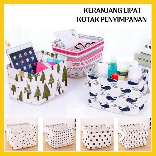 ￼Keranjang Lipat Mini Canvas Storage Box Organizer Multifungsi Wadah Kotak Penyimpanan Aksesories Kosmetik Kanvas