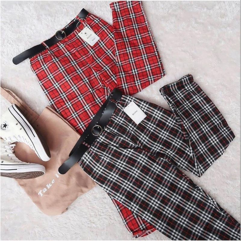 Celana Wanita Kekinian Casey Pants/Boxy Tartan Pants/ Chinos Tartan