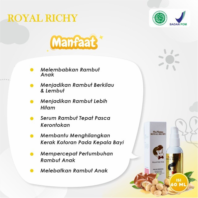 Royal Richy - Hair Serum Penumbuh Rambut Anak Multivitamin Penyubur Pelebat Rambut Anak Minyak Kemiri Cegah Rontok &amp; Kebotakan Ketombe Isi 60ml Naufa Royal Richy RIchie Rich Royal Richie Penumbuh Rambut Minyak Kemiri