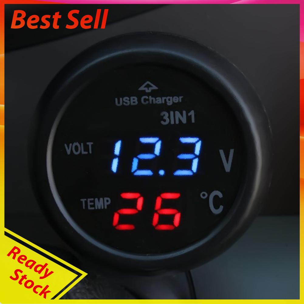 3 in 1 Voltmeter Digital LED 12 / 24V + Termometer + Charger USB