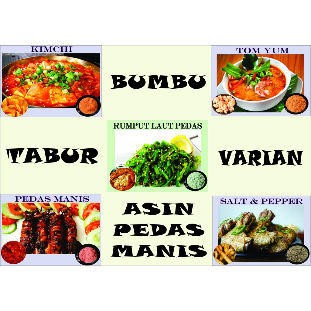 

BUBUK TABUR ASIN PEDAS MANIS TERBAIK RUMPUT LAUT TOM YUM SALT PEPPER KIMCHI ENAK MURAH HALAL BUMBU