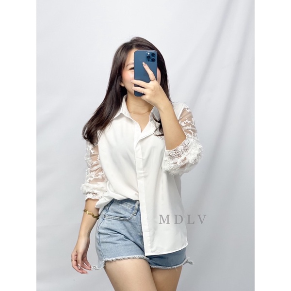 MDLV ~ 8651 Dellaney Lce Shirt Atasan Blouse Combi Lace Baju korea Combi Renda Rajut Fashion Import