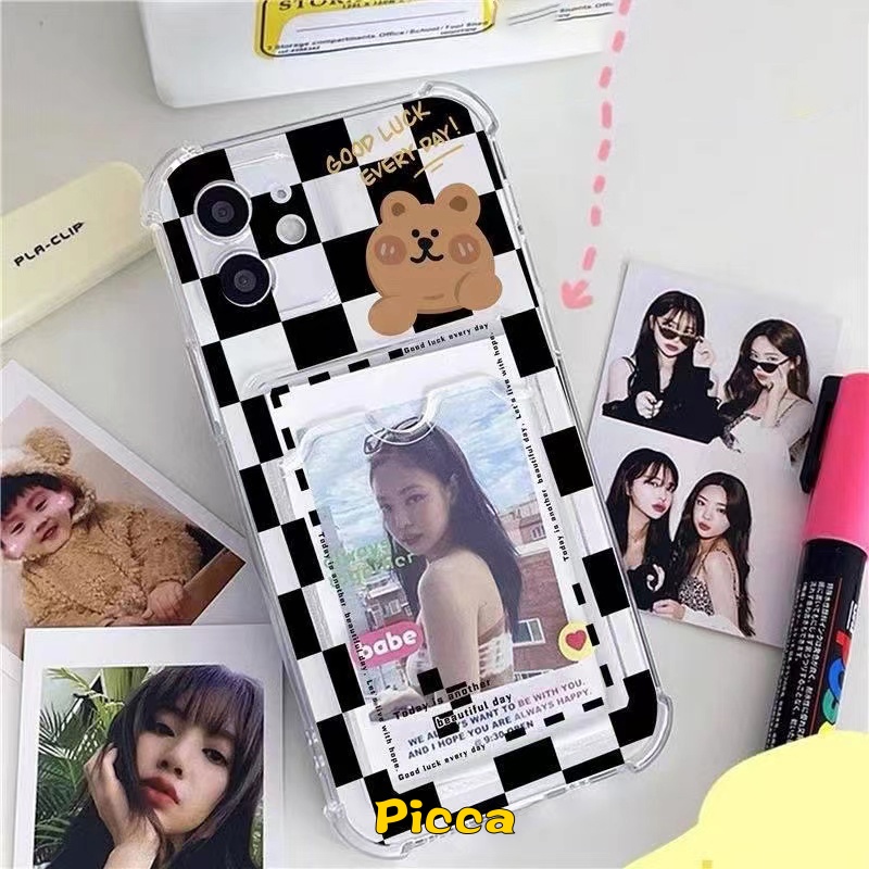 Tempat Kartu Dompet Slot Case Redmi A1 10A 10 9 9A 10C 9C NFC Redmi Note 11Pro 9Pro Note9 Note10 Note11 10s Pro Max Mi 11 Lite Kartun Lucu Kotak-Kotak Bear Transparan Shockproof Cover