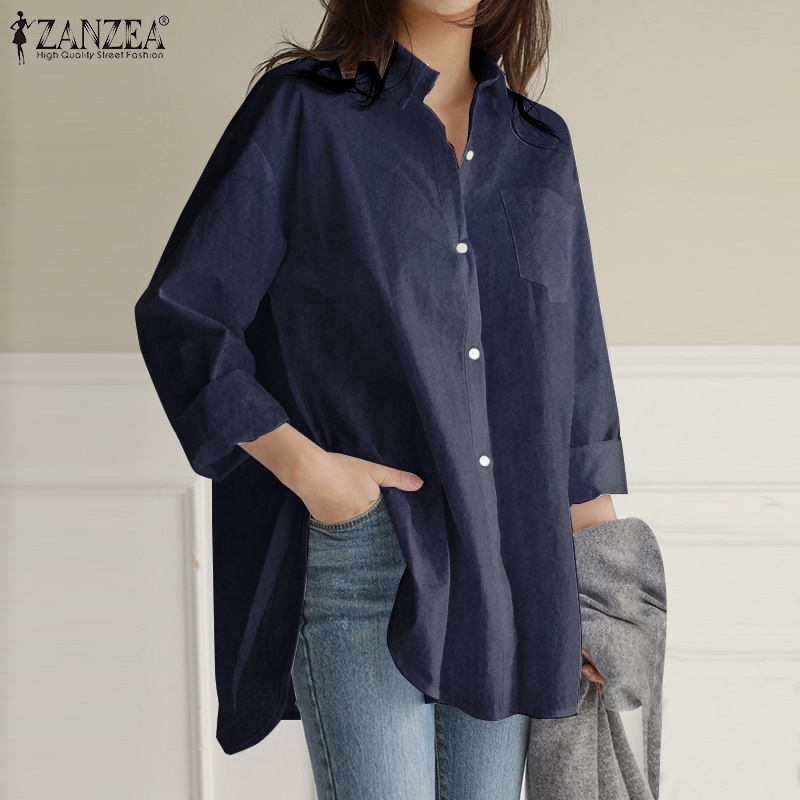 ZANZEA Women Plus Size Turn-Down-Collar Front Pockets Blouse Casual Loose Long Sleeve Tops Shirt