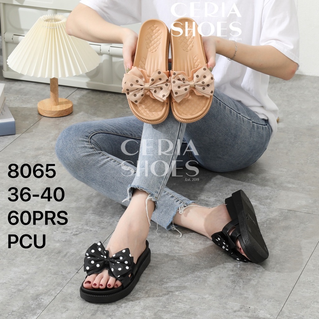 PVC Sandal Wedges Wanita Import Ribbon Pita Polkadot Pattern Rubber Elastic Non-Slip Karet Tebal Empuk