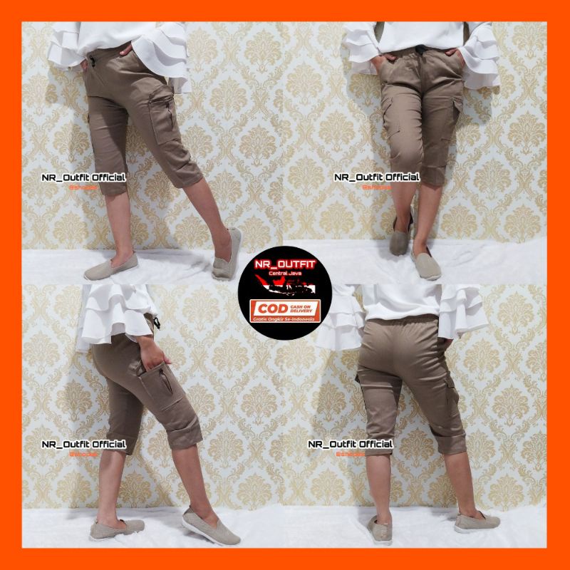 Celana Pendek Wanita Jumbo 7/8 Kantong Cargo Katun Twill Street Grade A Full Pinggang Karet Muter