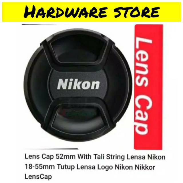 Lens Cap 52mm With Tali String Lensa Nikon 18-55mm Tutup Lensa Logo Nikon Nikkor LensCap