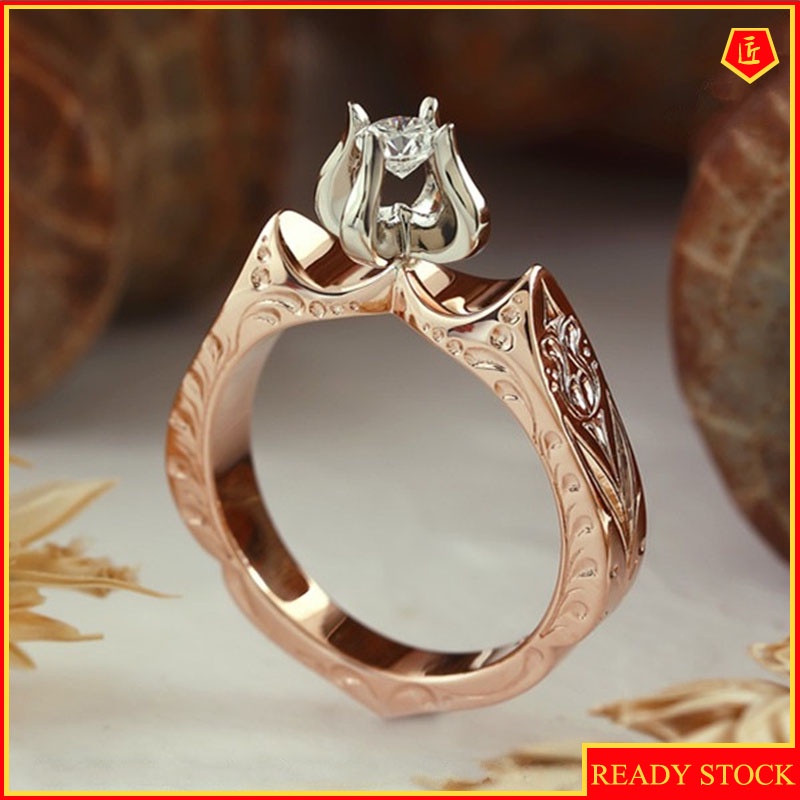 [Ready Stock]Elegant Creative Lotus-Shaped Color Separation Diamond Ring