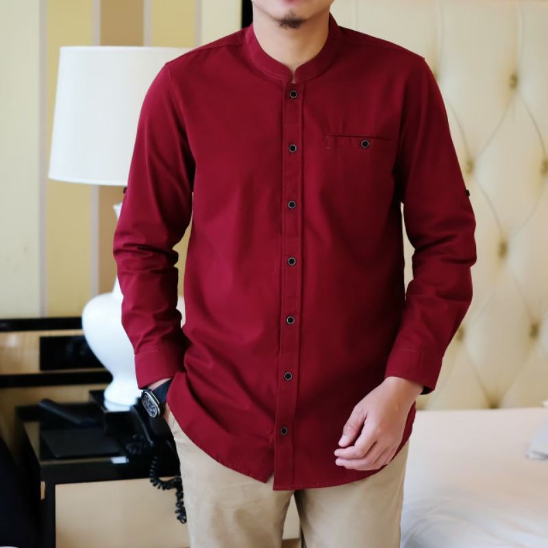 KEMKO PRIA LENGAN PANJANG BAHAN FULL COTTON WASHING KEMEJA KOKO WARNA HITAM ARMY MAROON TAN M L XL