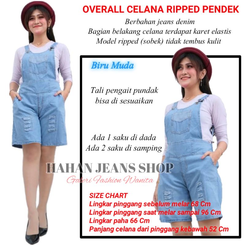 Overall Celana Baju Kodok Wanita Jeans Denim Pendek Sobek Pinggang Belakang Karet Elastis Setelan Ba
