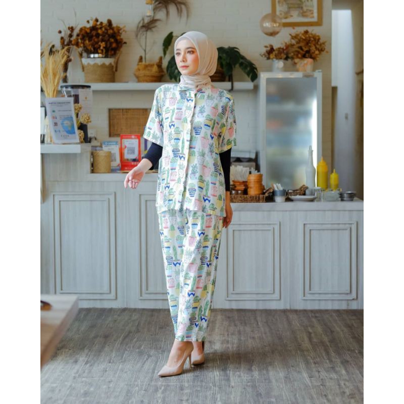 One Set Pajamas Motif Kaktus Hana Pajamas Lengan Pendek Super Adem , Lembut dan Nyaman