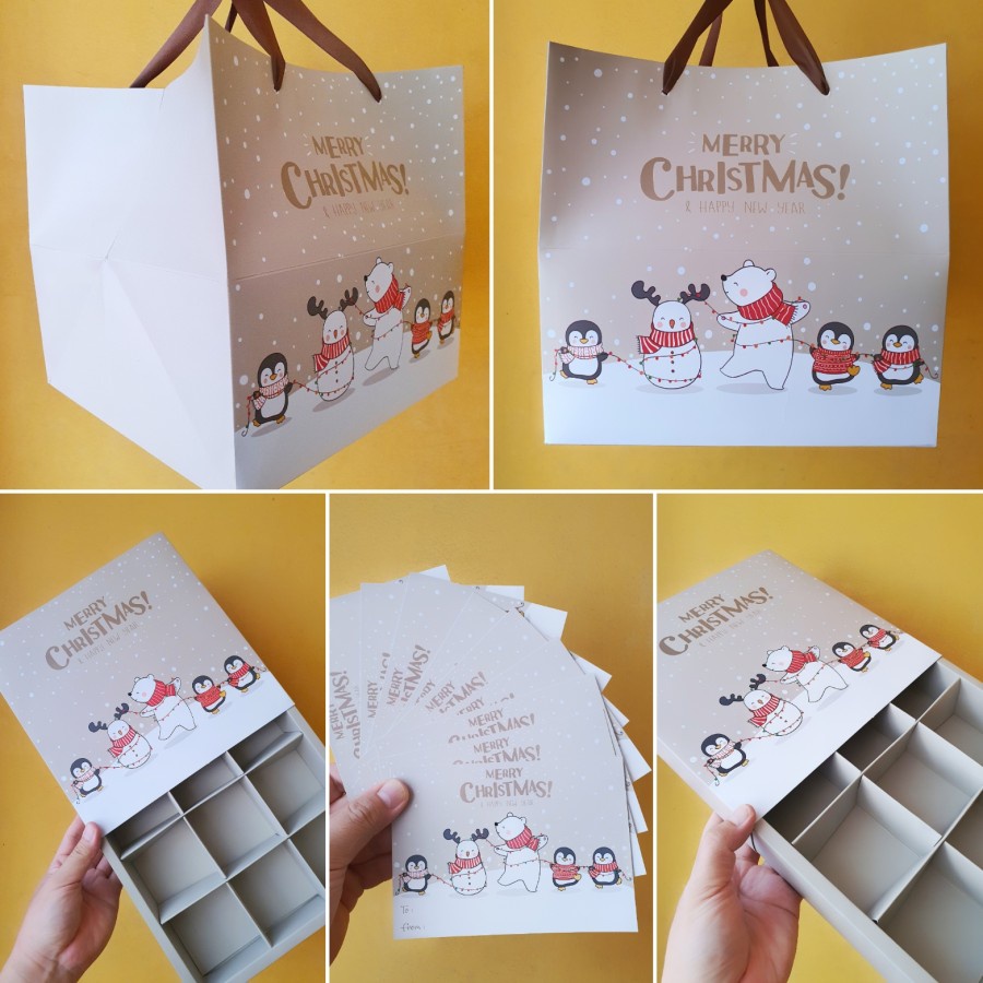 

(5paket) paket hemat natal dus kue soes pie mini fruitpie sekat 9 paperbag hampers christmas gift motif polar bear