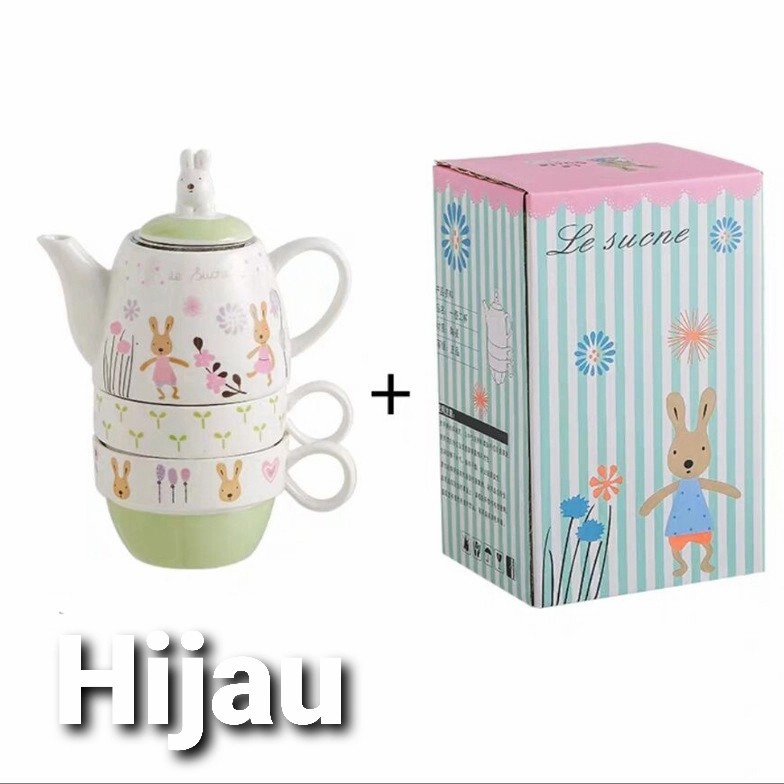 Gelas Teko + 2 Mug Set Rabbit Tea Set Keramik Kado Ultah Gift Premium