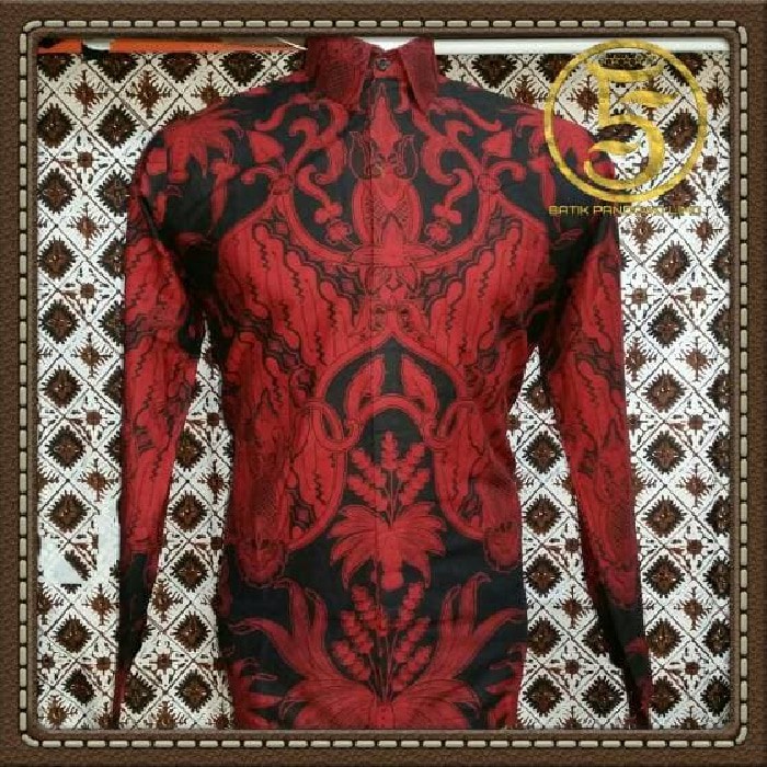 kemeja batik merah lengan panjang kembangan - kemeja batik solo