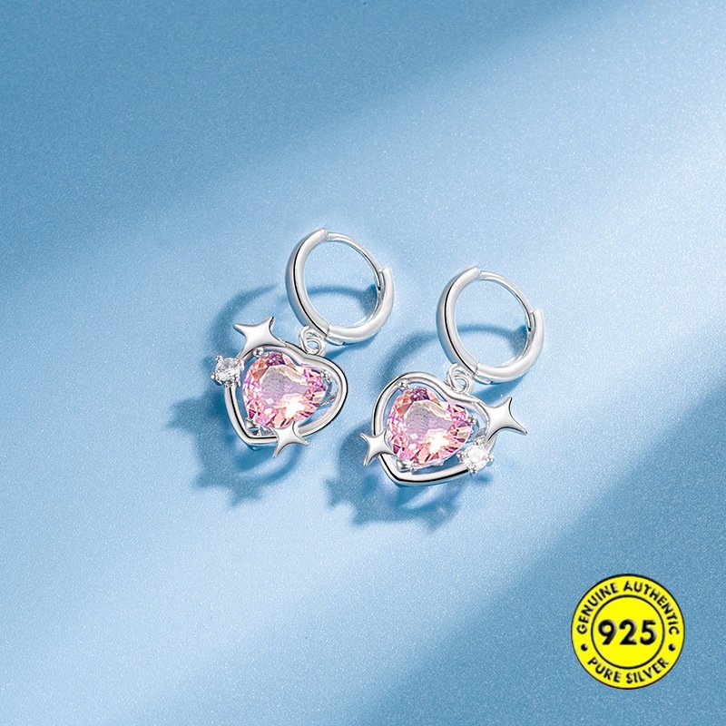 Anting Tusuk Sterling Silver 925 Desain Hati Hollow Hias Berlian Pink Untuk Wanita U933