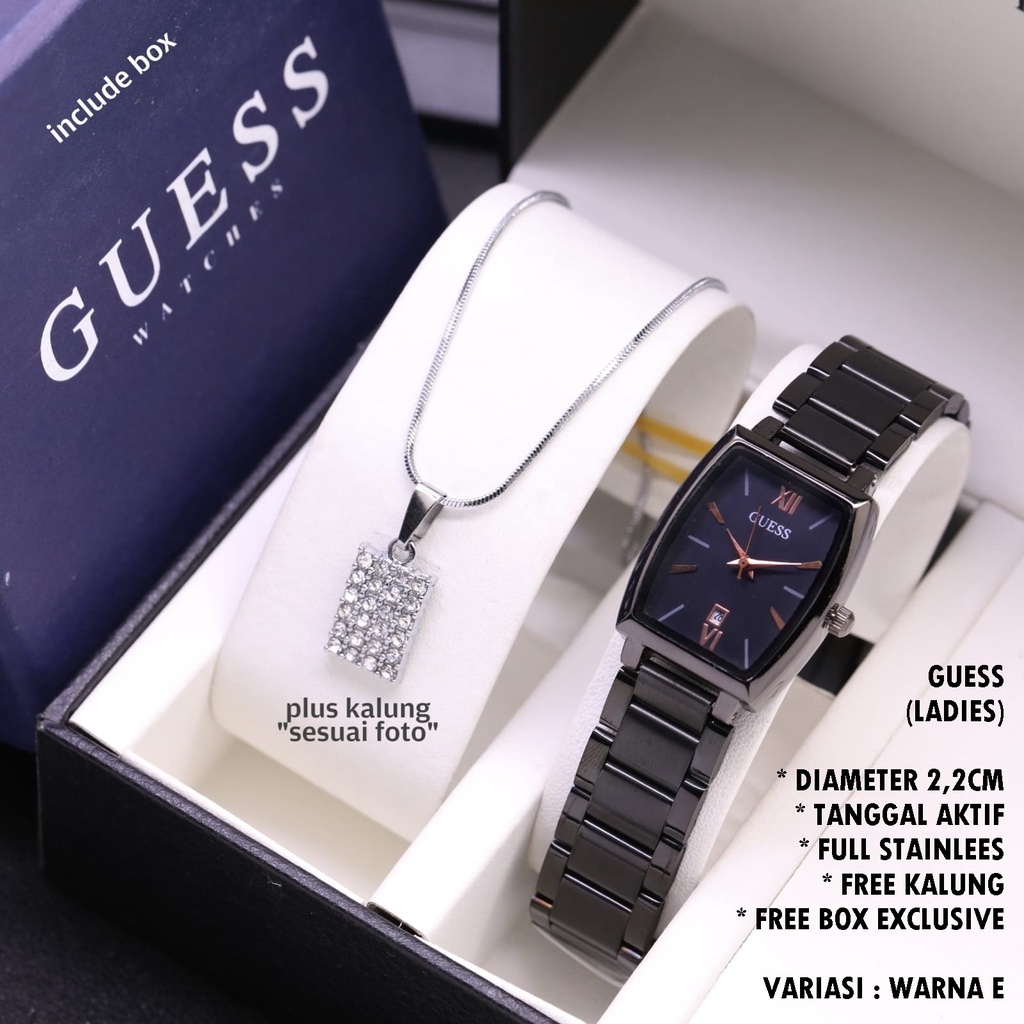 (FREE BOX) JAM TANGAN WANITA GUESS RANTAI BODY OVAL TANGGAL AKTIF FREE KALUNG