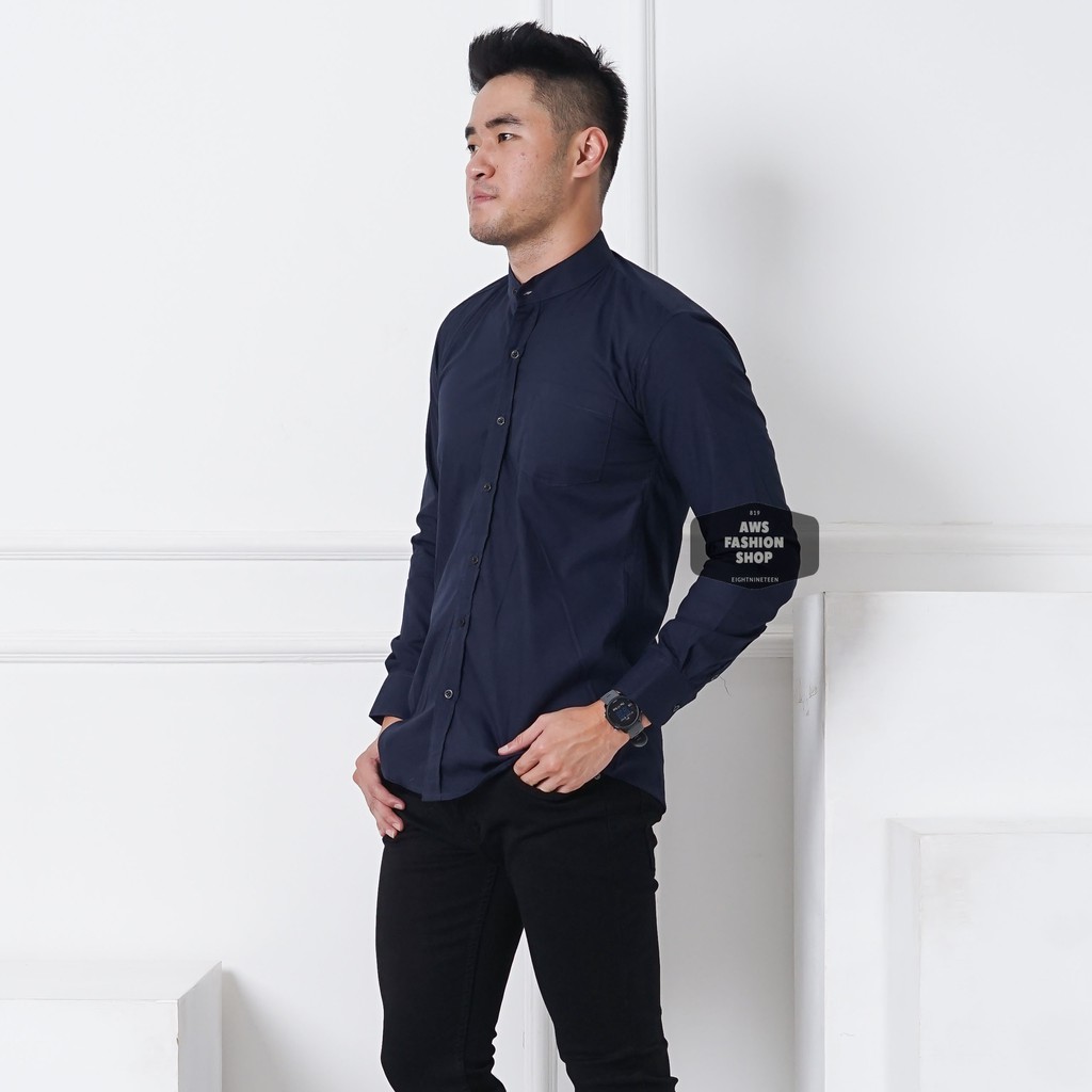 Kemeja Pria Lengan Panjang Polos Biru Navy Dark Blue Kerah Shanghai Koko Polos Slimfit Casual