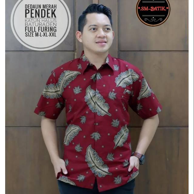 Kemeja Batik Lengan Pendek Warna Merah / Hem Batik Pria Warna Merah Lengan Pendek DEDAUN MERAH