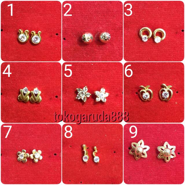 Anting duduk paku cucuk stud anak dan dewasa emas asli kadar 700 70% 22 1 satu g gr gram bunga bulat apel permata