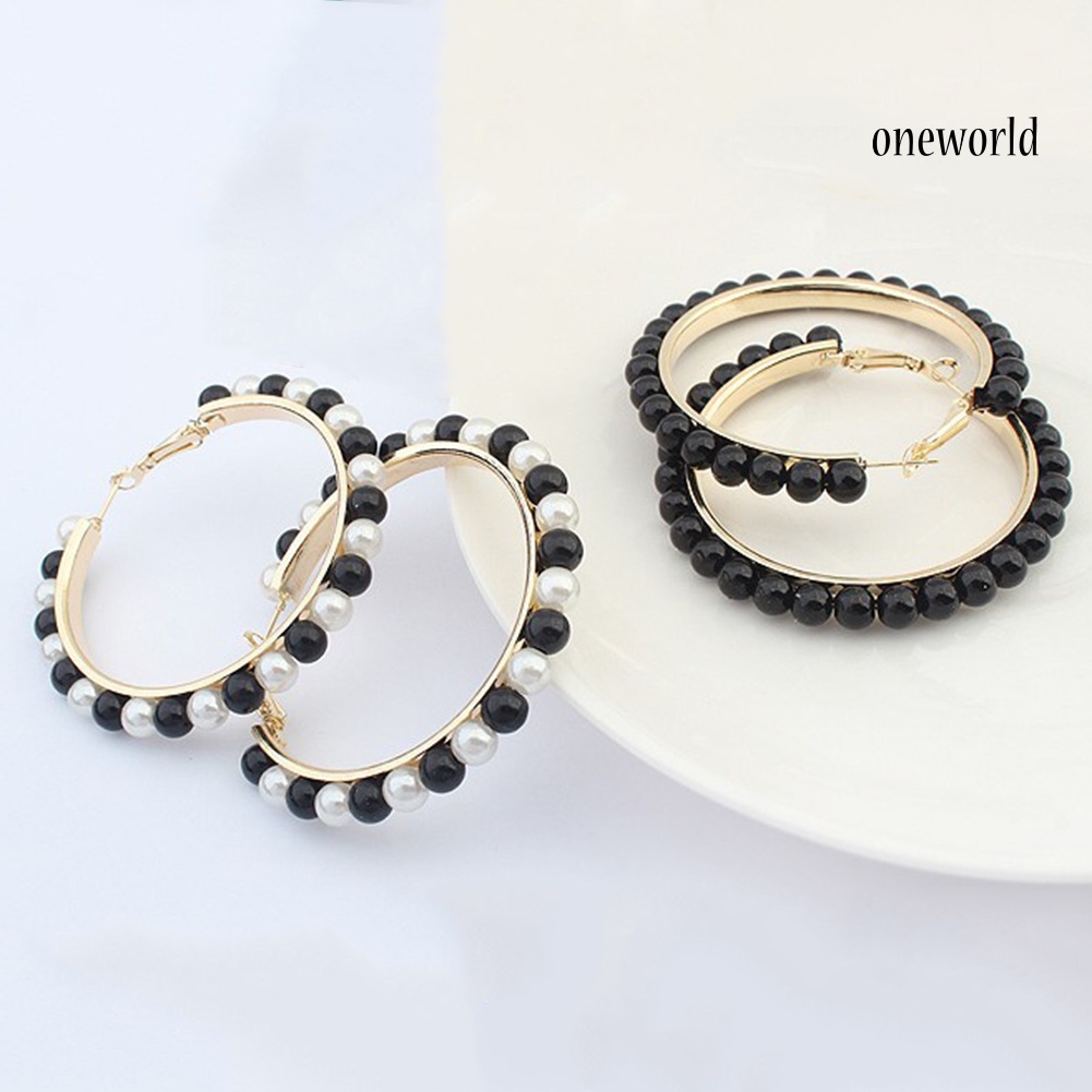 OW@ Fashion Women Faux Pearl Inlaid Large Circle Statement Hoop Earrings Jewelry