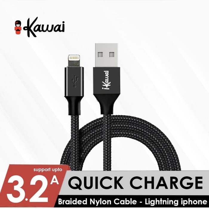 iKawai Braided Nylon Kabel Data MicroUSB Type C Iphone Lightning QC3.0 Fast Charging 3.2A IKKNC100B