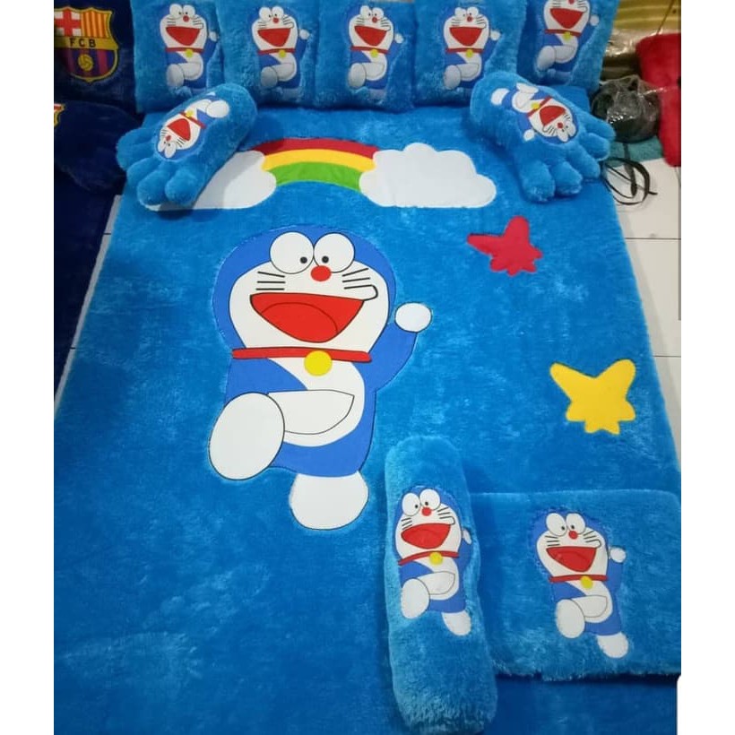 Fullset Karpet Bulu Rasfur Karakter Doraemon Uk. 140x200x4 cm - Biru Muda