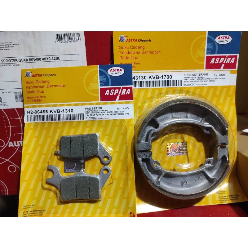 PAKET KAMPAS REM DEPAN DAN BELAKANG ASLI MERK ASPIRA (ASTRA QUALITY) UNTUK MATIC BEAT, VARIO, SCOOPY, SPACY