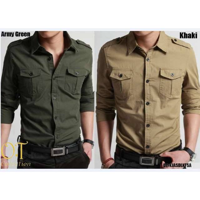 Pakaian Pria Kemeja Slimfit Warna Hijau Army & Khaki