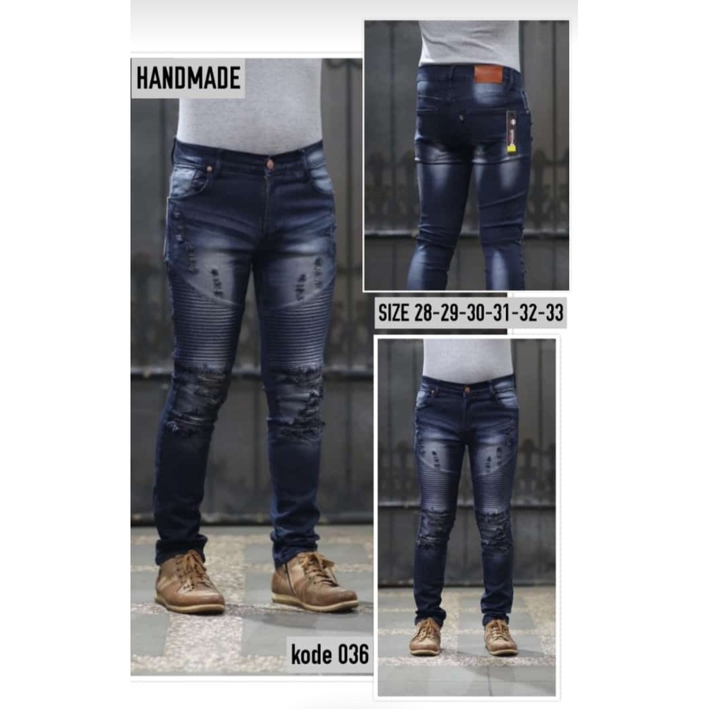 Celana Jeans Pria Skinny Biker Motor Ripped Knee Rips Sobek Robek Black Denim Streact Berkualitas