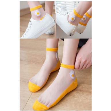 DF KK211 Kaos Kaki Wanita Pendek Motif Bunga Daisy Transparan Socks Korean Fashion