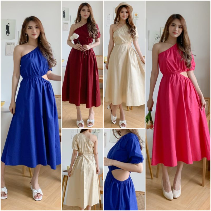 ❣️ SPECIAL PRICE ♡ PREMIUM ♡ ORIGINAL ! ANGIE VINTAGE PLAIN ONE SHOULDER SIDE LESS MIDI PARTY DRESS