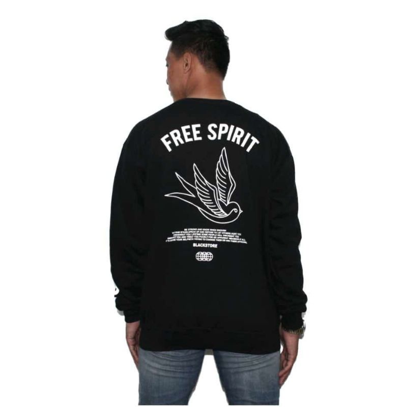 Crewneck Black Free Spirit Motif Keren Simpel Pria dan Wanita Premium Quality