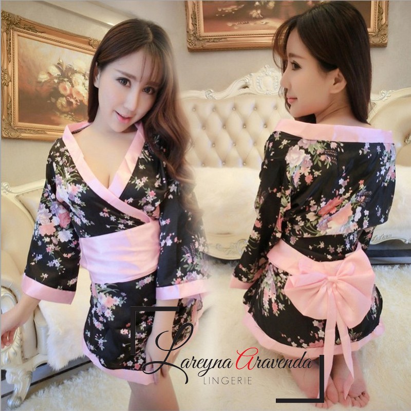Set Lingerie Sexy &amp; G String Model Kimono Hitam Bunga Sabuk Pita Besar LG112