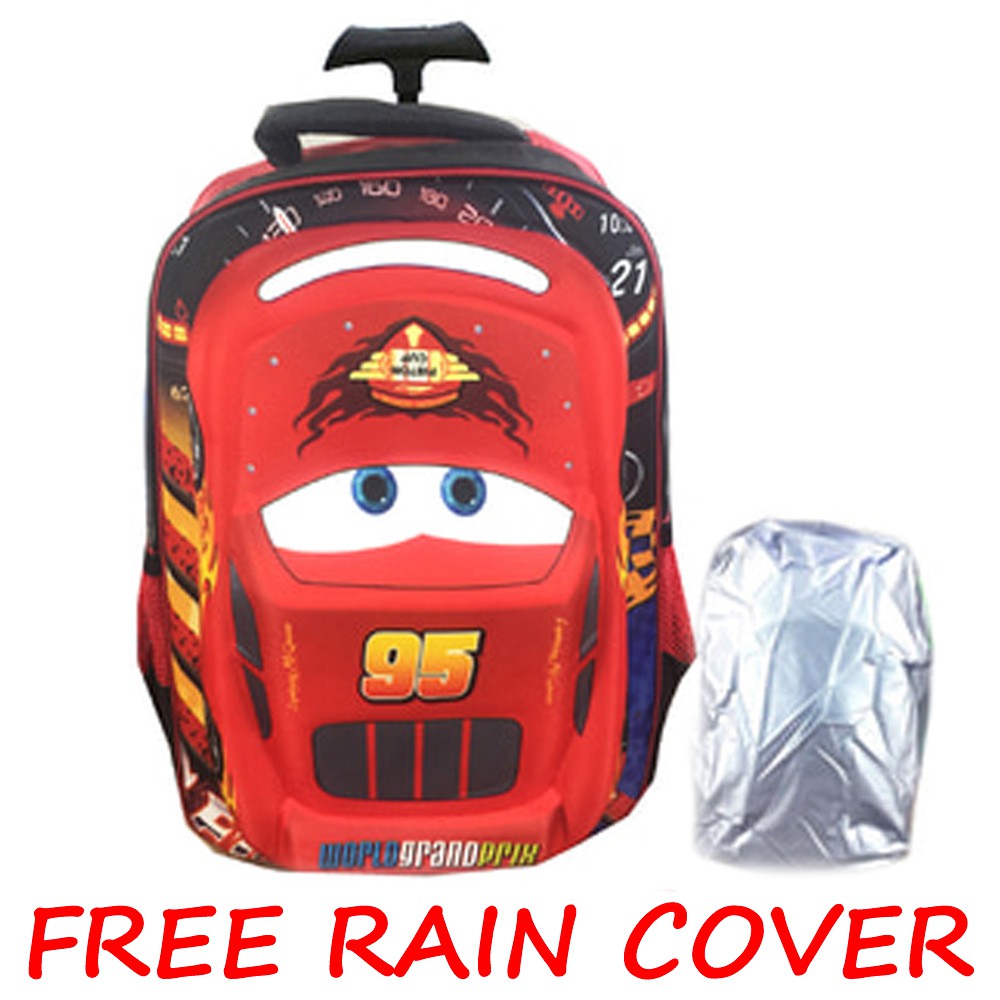 FREE ONGKIR + RAINCOVER Tas Troley Sekolah SD Cars McQueen 3D Timbul Hard Cover