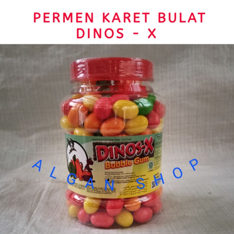 Permen Karet Bulat Dinos-X Bubble Gum 1 Toples Isi 195 Butir Snack Makanan Ringan Jadul Warna Warni 