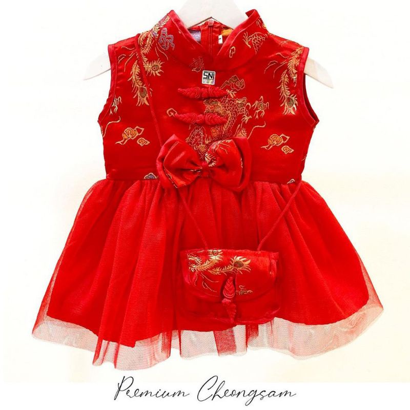 Dress cheongsam premium anak 0-3 tahun free tas bando / dress china anak / dress imlek anak / BAJU Qipao anak/ Baju Imlek anak perempuan Peacock/Merak