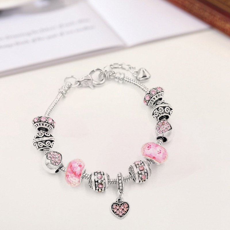 Pink Crystal Beads Butterfly Charm Bracelet For Women DIY Jewelry Silver Plated Snack Chain Bracelets For Girls Gift