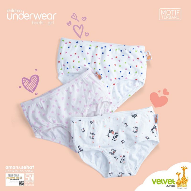 VELVET JUNIOR UNDERWEAR BRIEFS ISI 3 FULL PRINT - CELANA DAL ANAK