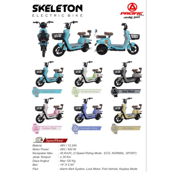 Sepeda Motor Listrik Pacific skeleton Baterai 48/12.2 Ah