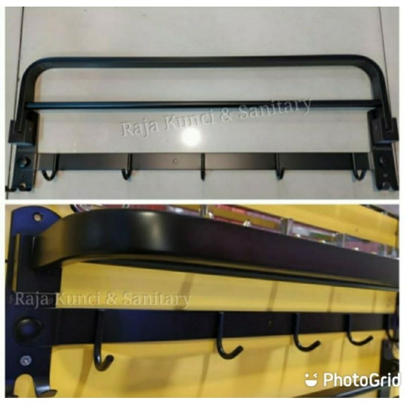 Gantungan Handuk Lipat Stainless Hitam/Black/Rak Handuk Lipat 2 Baris + Kait Hitam Dof